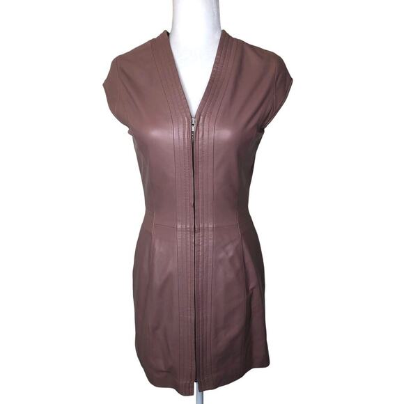 By Francine 100% Leather Sz: Small Dress Mauve Pink Zipper Front Cap Sleeve Mini - Picture 1 of 16